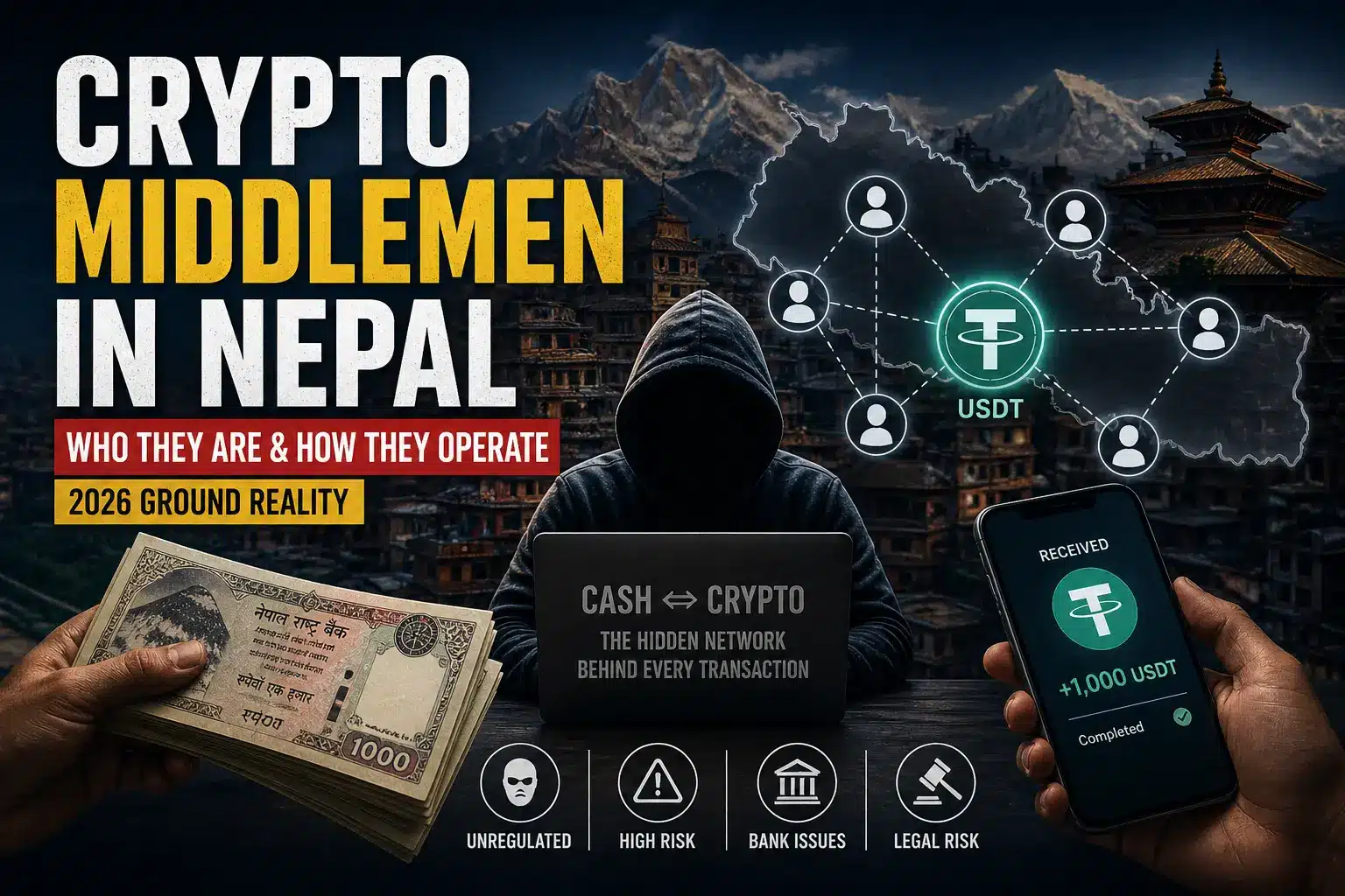 Crypto middlemen in Nepal showing cash to USDT transaction system and hidden network